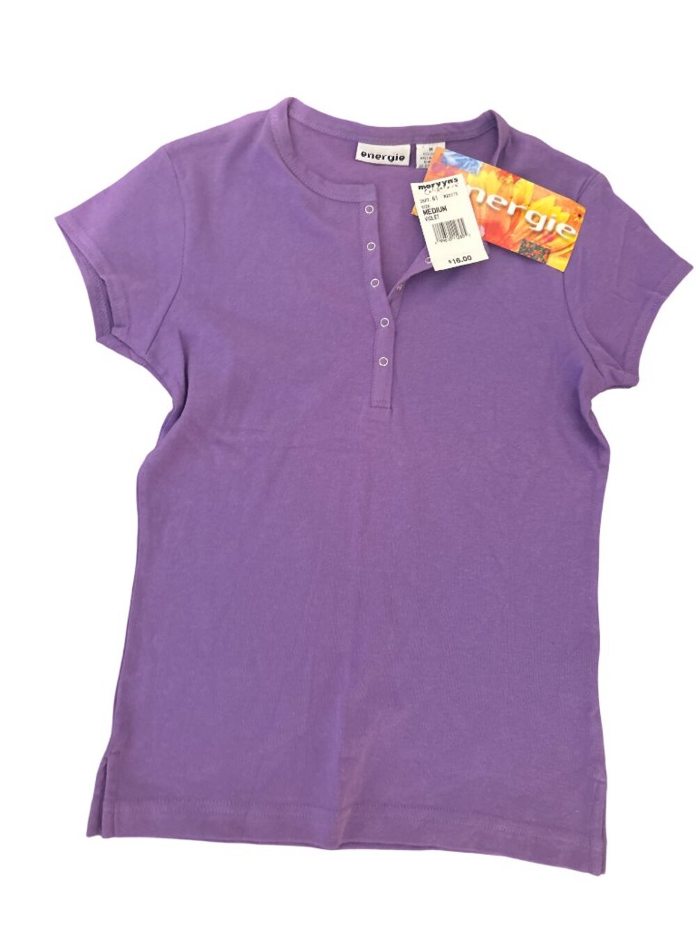 Rare Vintage Energie Purple Snap Henley Short Sleeve Top Medium NWT Mervyn's